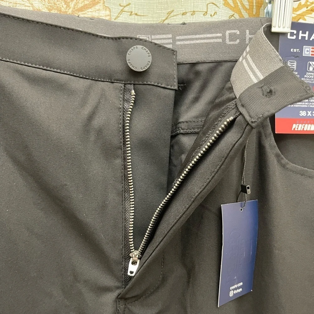 New Chaps Mens 38/32 Solid black dress pants pockets zip Semi Formal Stretch Big